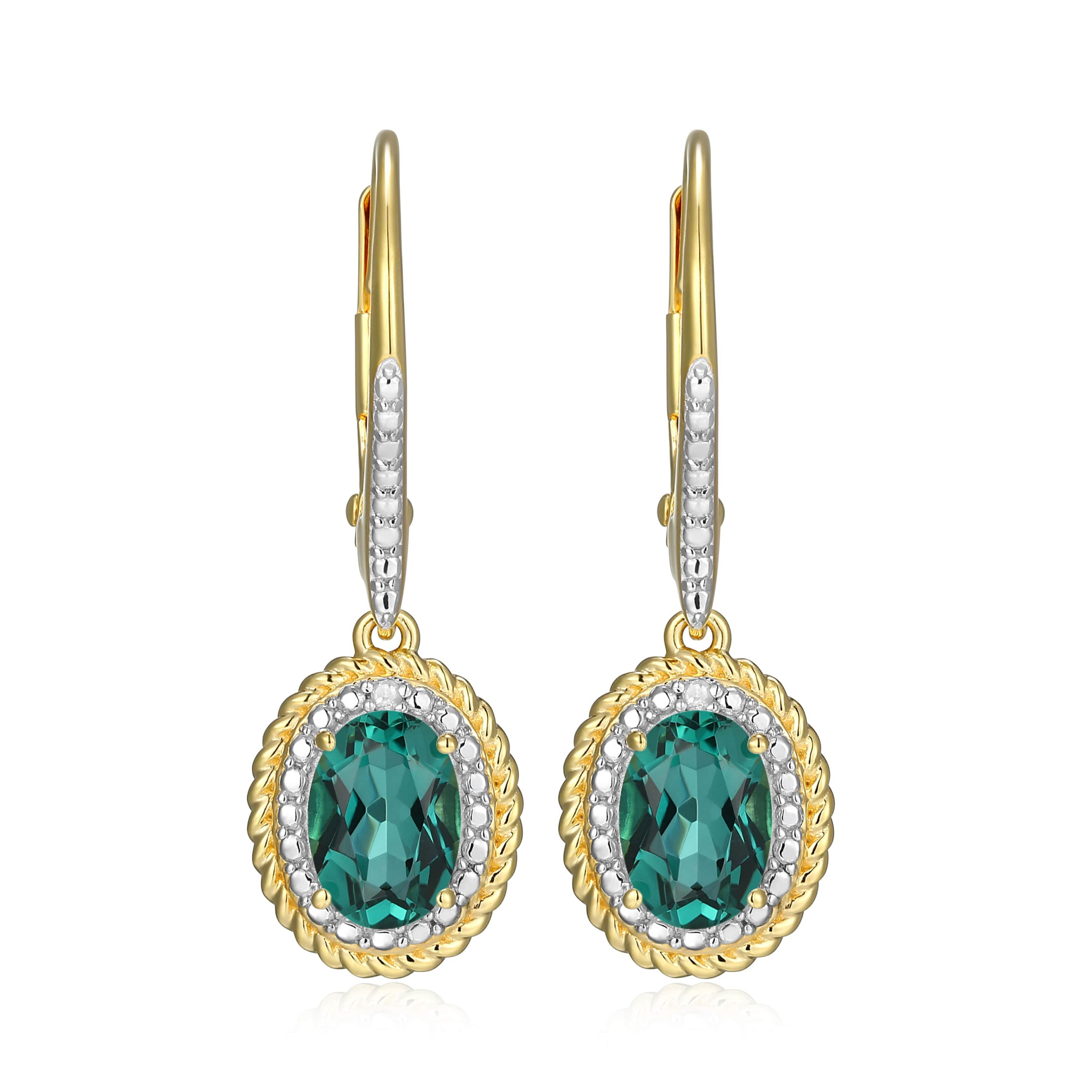 18K Yellow Gold Plated Sterling Silver Birthstone Gemstone and Diamond Accent Halo Leverback Earrings