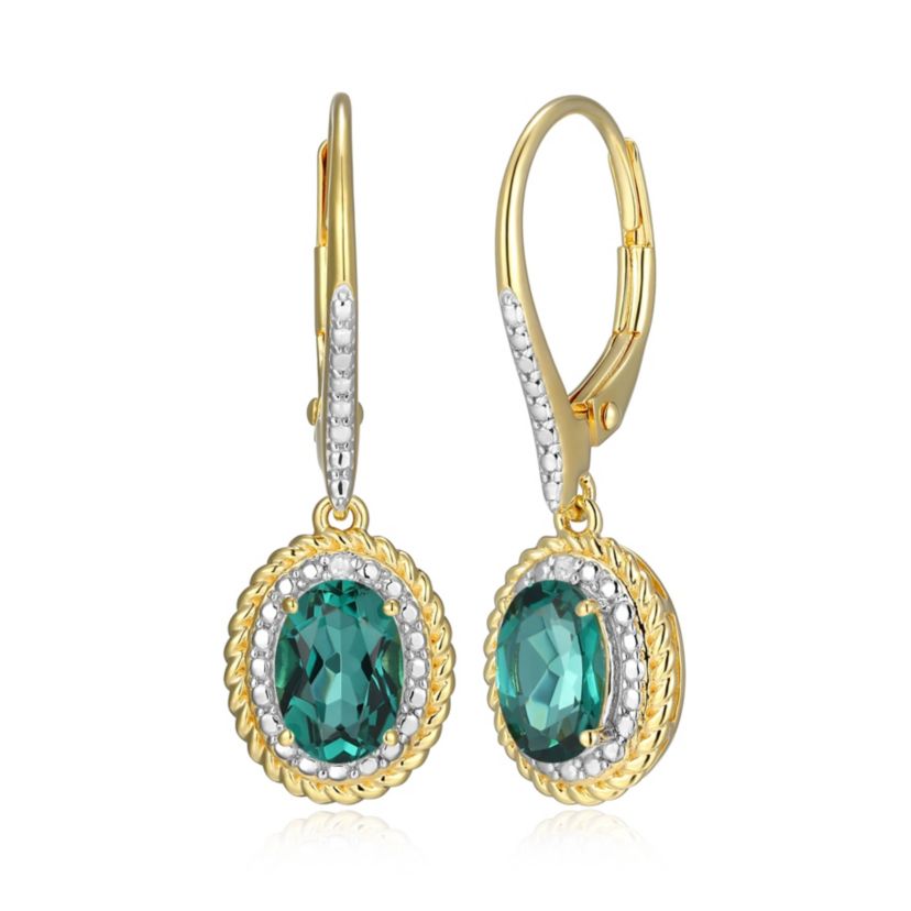 18K Yellow Gold Plated Sterling Silver Birthstone Gemstone and Diamond Accent Halo Leverback Earrings