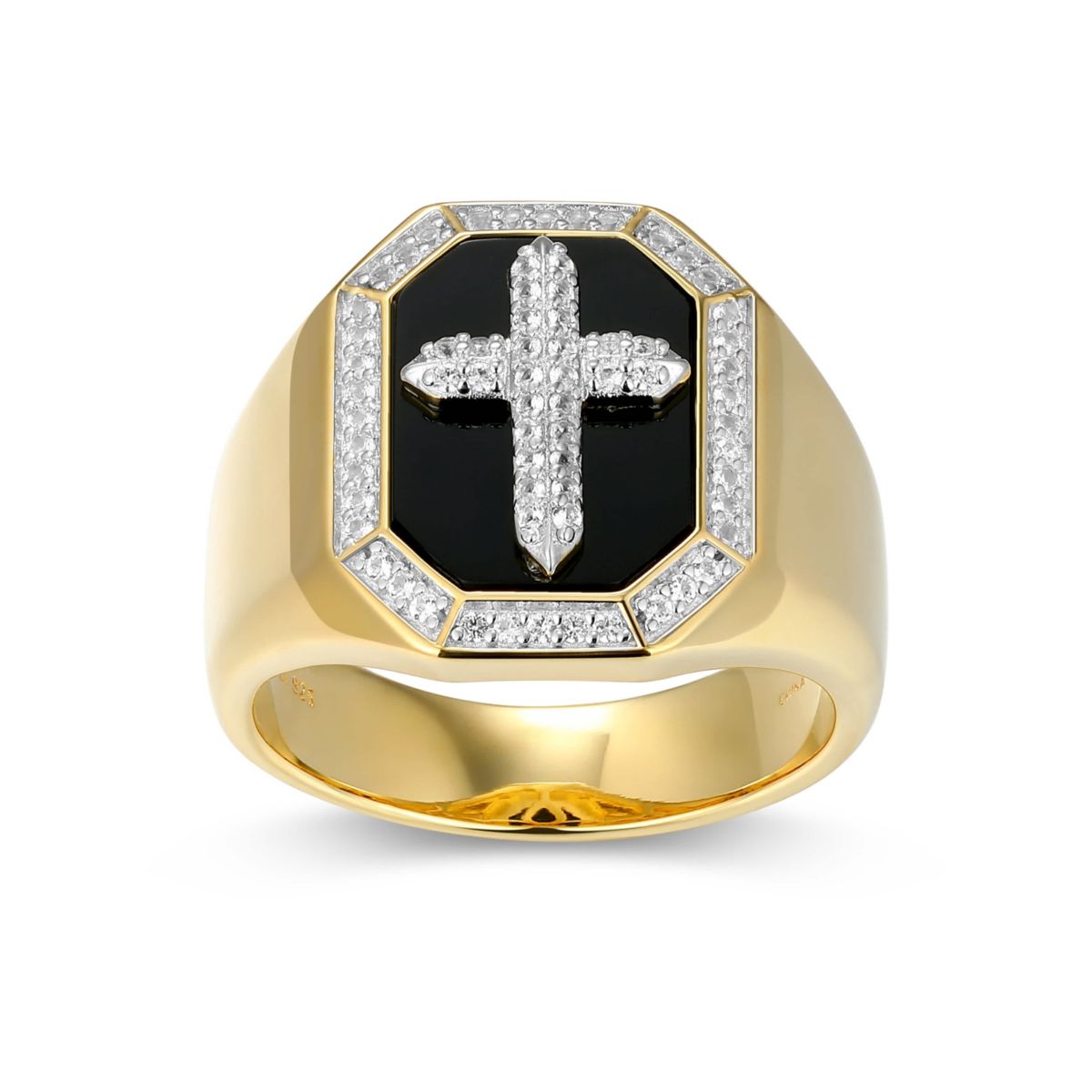 Mens Black Onyx and Created White Sapphire Cross Ring in 18k Gold Plated Sterling Silver