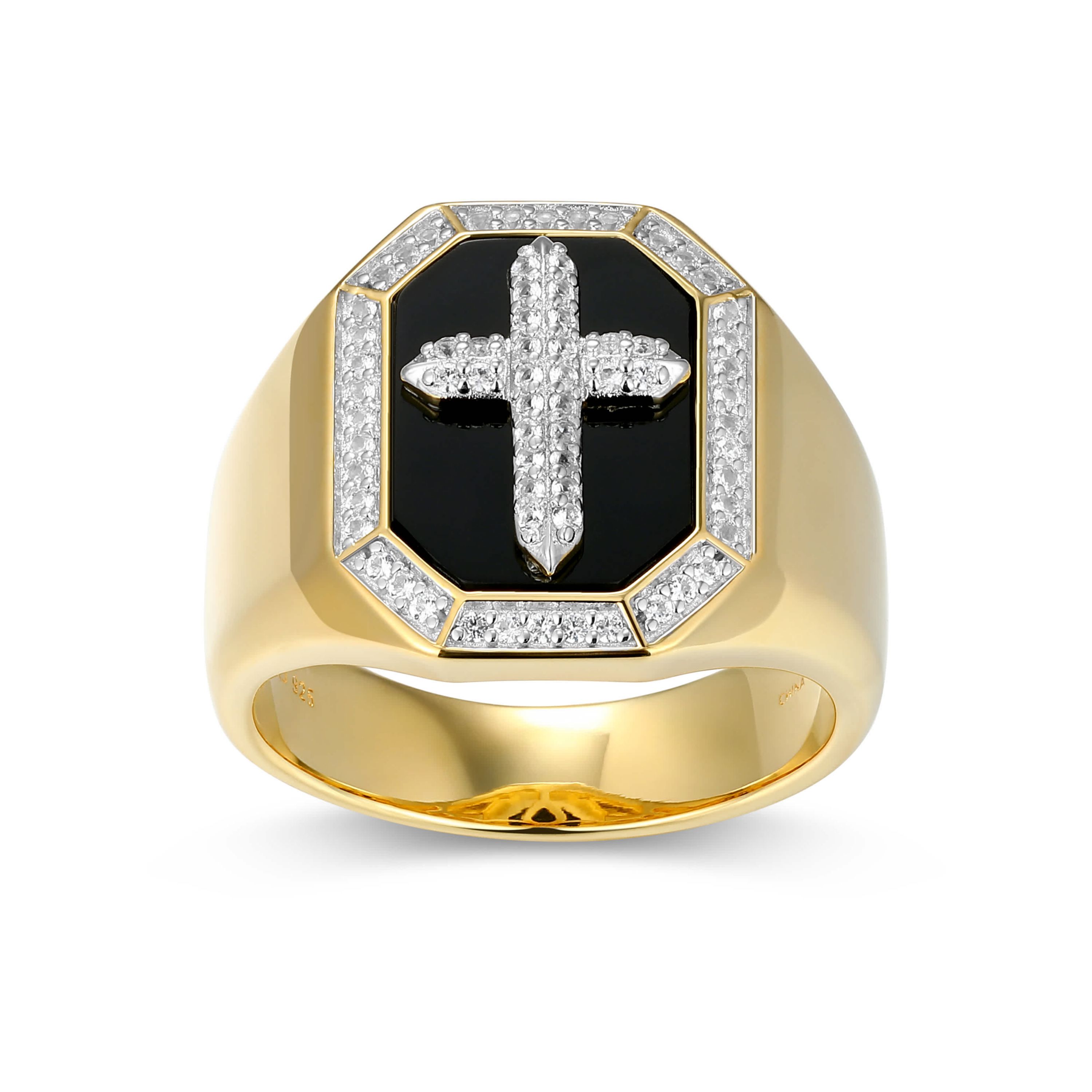 Mens Black Onyx and Created White Sapphire Cross Ring in 18k Gold Plated Sterling Silver
