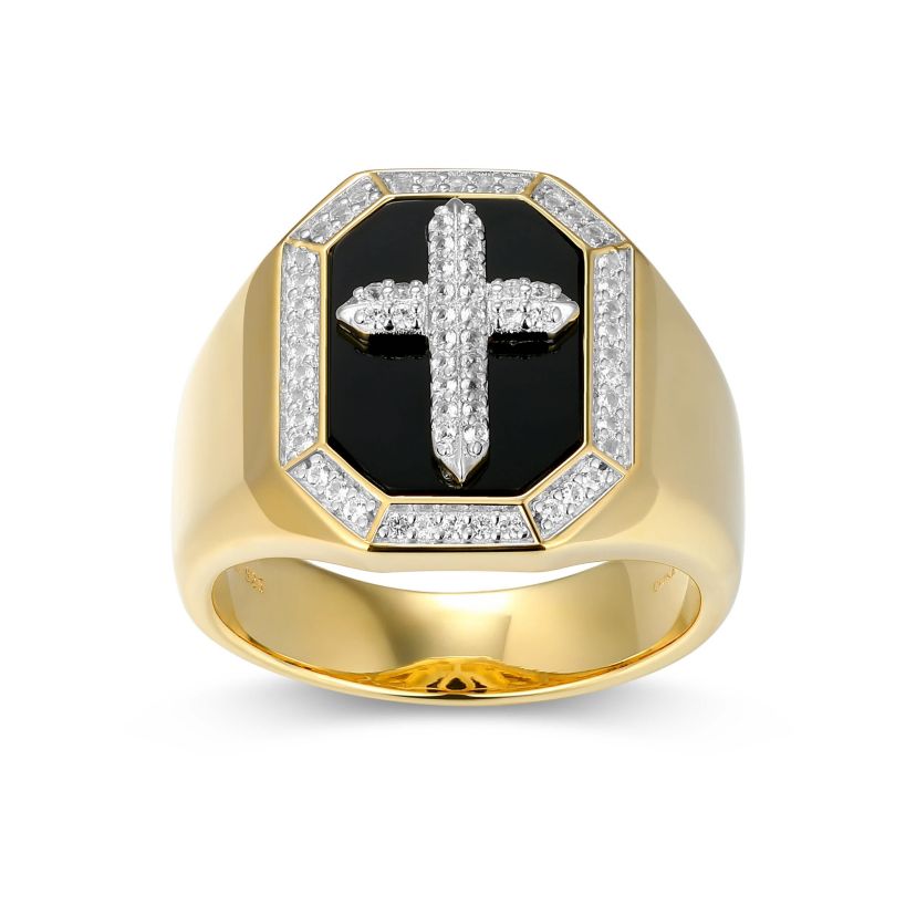 Mens Black Onyx and Created White Sapphire Cross Ring in 18k Gold Plated Sterling Silver