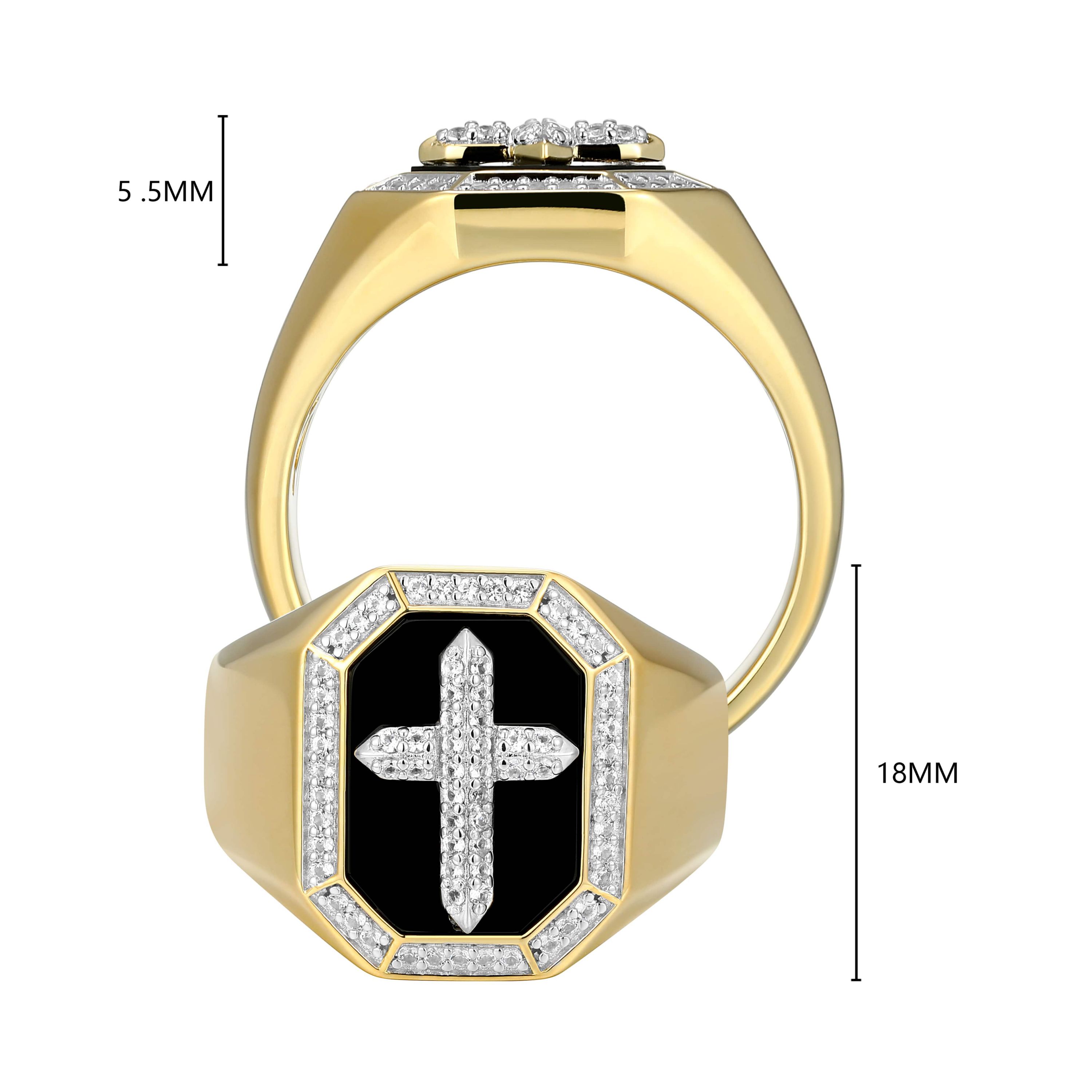 Mens Black Onyx and Created White Sapphire Cross Ring in 18k Gold Plated Sterling Silver