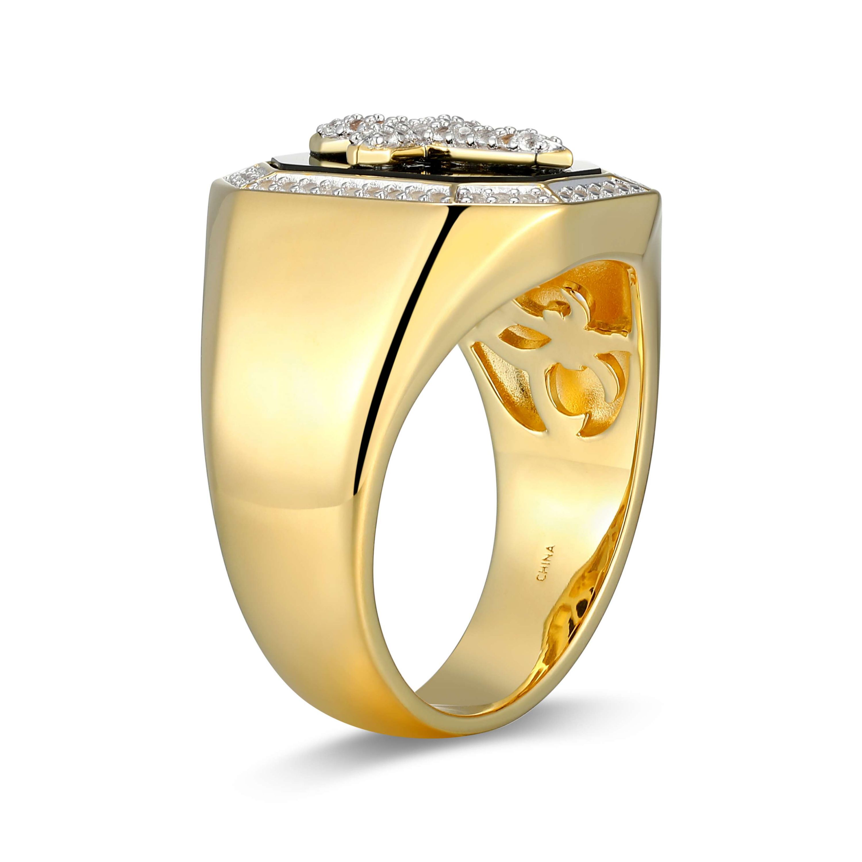 Mens Black Onyx and Created White Sapphire Cross Ring in 18k Gold Plated Sterling Silver