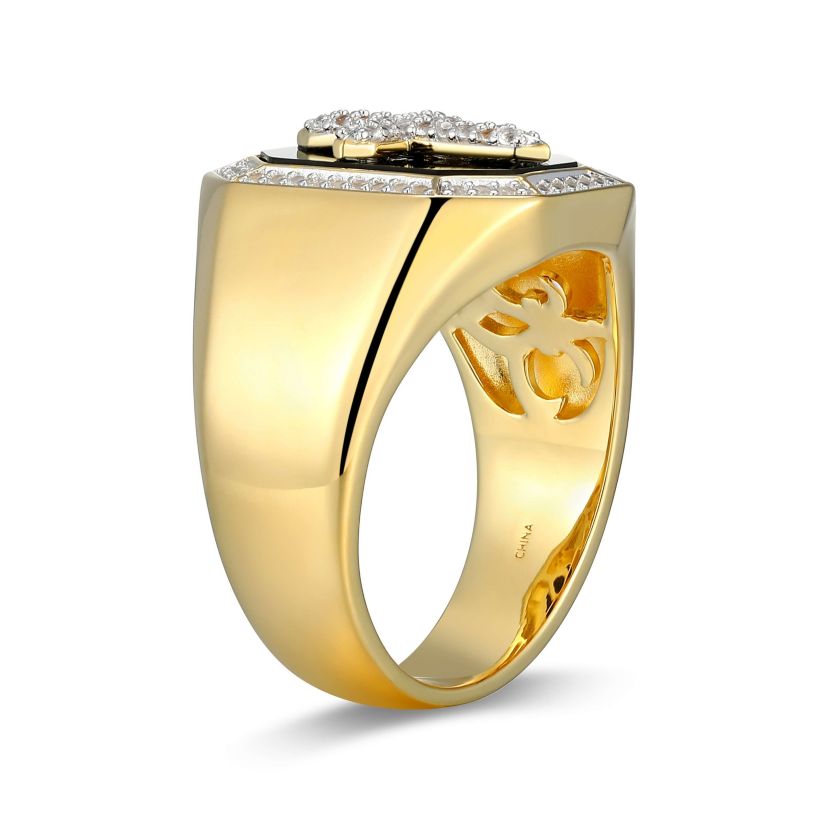 Mens Black Onyx and Created White Sapphire Cross Ring in 18k Gold Plated Sterling Silver