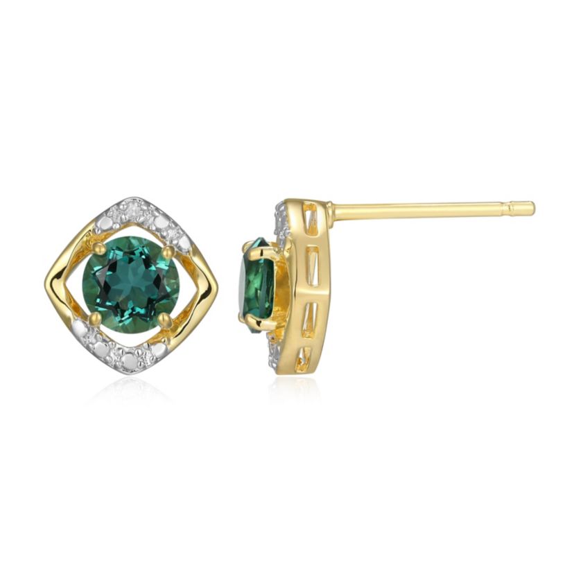 18K Yellow Gold Plated Sterling Silver Birthstone Gemstone and Diamond Accent Stud Earrings