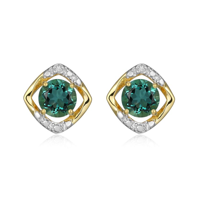 18K Yellow Gold Plated Sterling Silver Birthstone Gemstone and Diamond Accent Stud Earrings