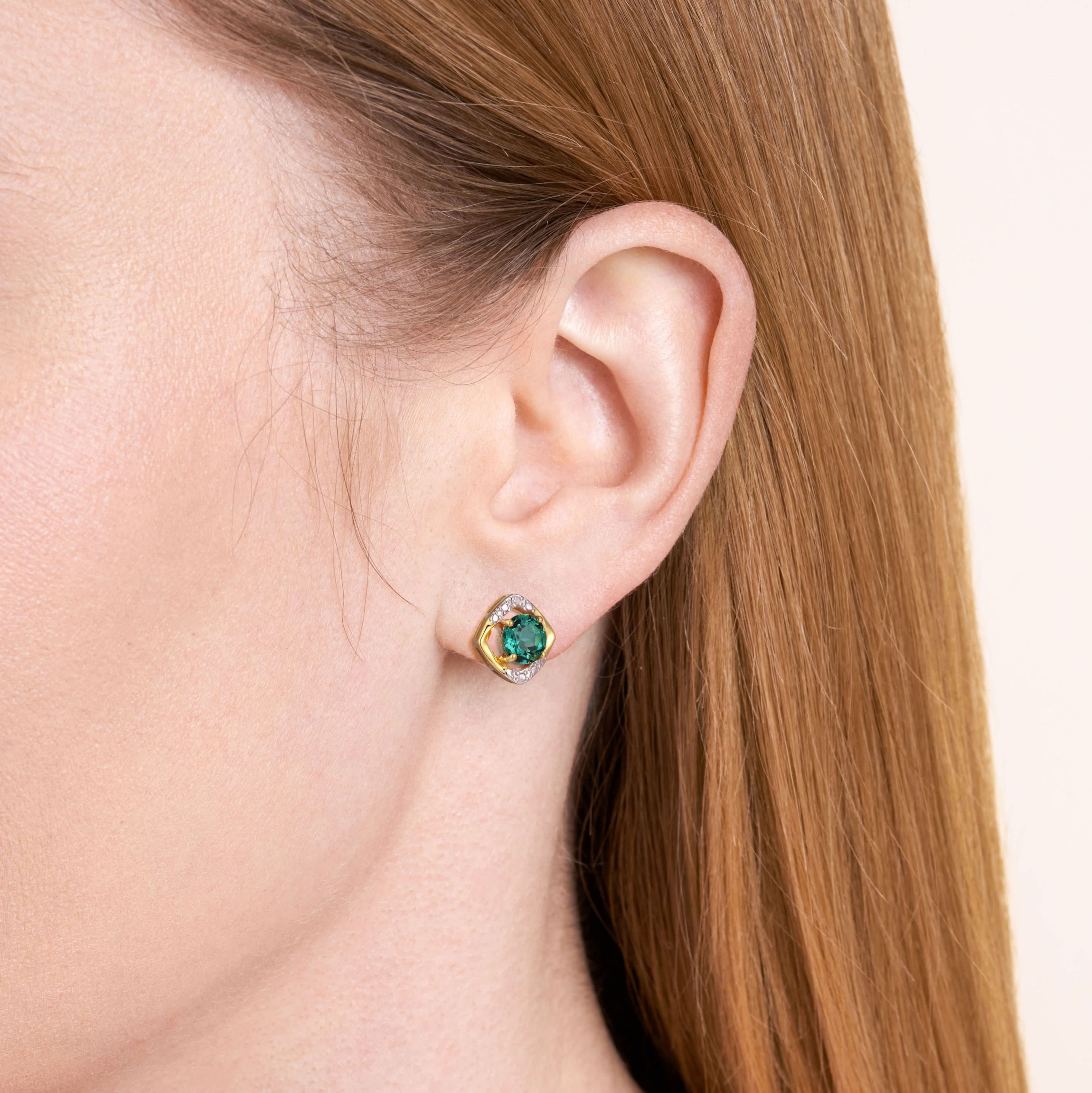 18K Yellow Gold Plated Sterling Silver Birthstone Gemstone and Diamond Accent Stud Earrings