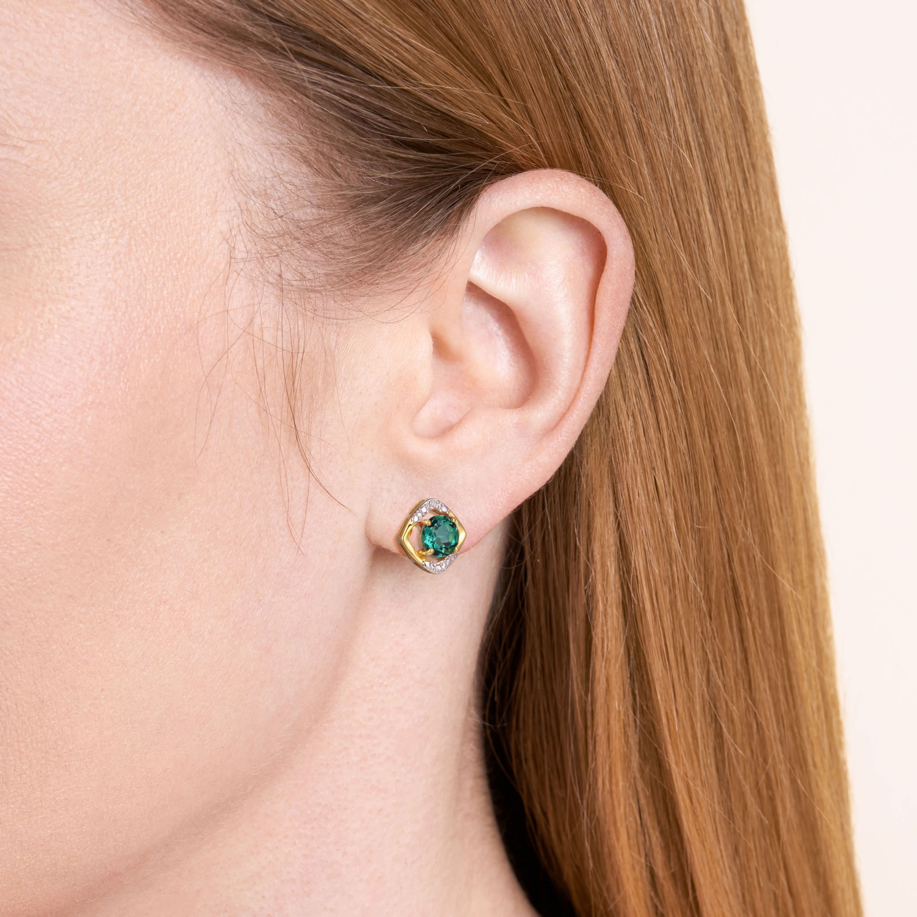 18K Yellow Gold Plated Sterling Silver Birthstone Gemstone and Diamond Accent Stud Earrings