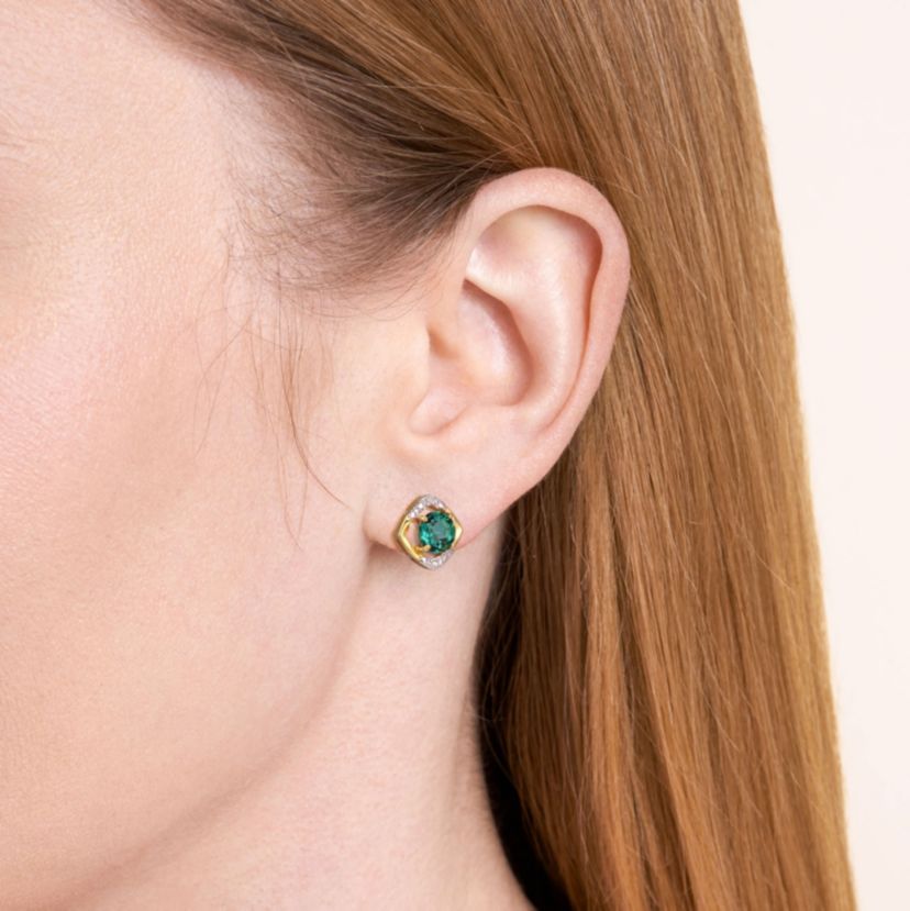 18K Yellow Gold Plated Sterling Silver Birthstone Gemstone and Diamond Accent Stud Earrings