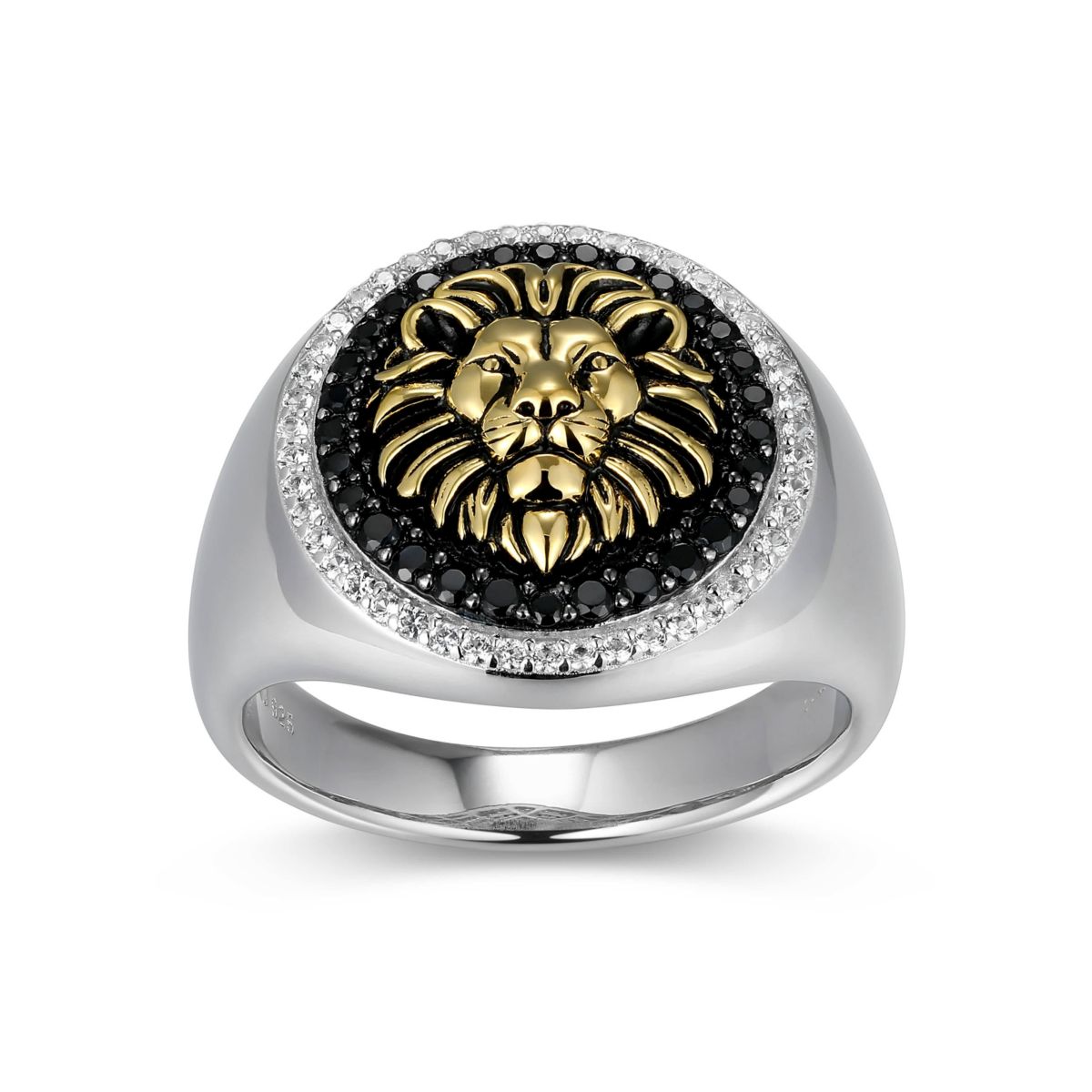 Mens Genuine Black Spinel and Created White Sapphire Lion Ring in Two-tone Sterling Silver