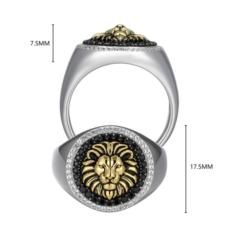 Mens Genuine Black Spinel and Created White Sapphire Lion Ring in Two-tone Sterling Silver