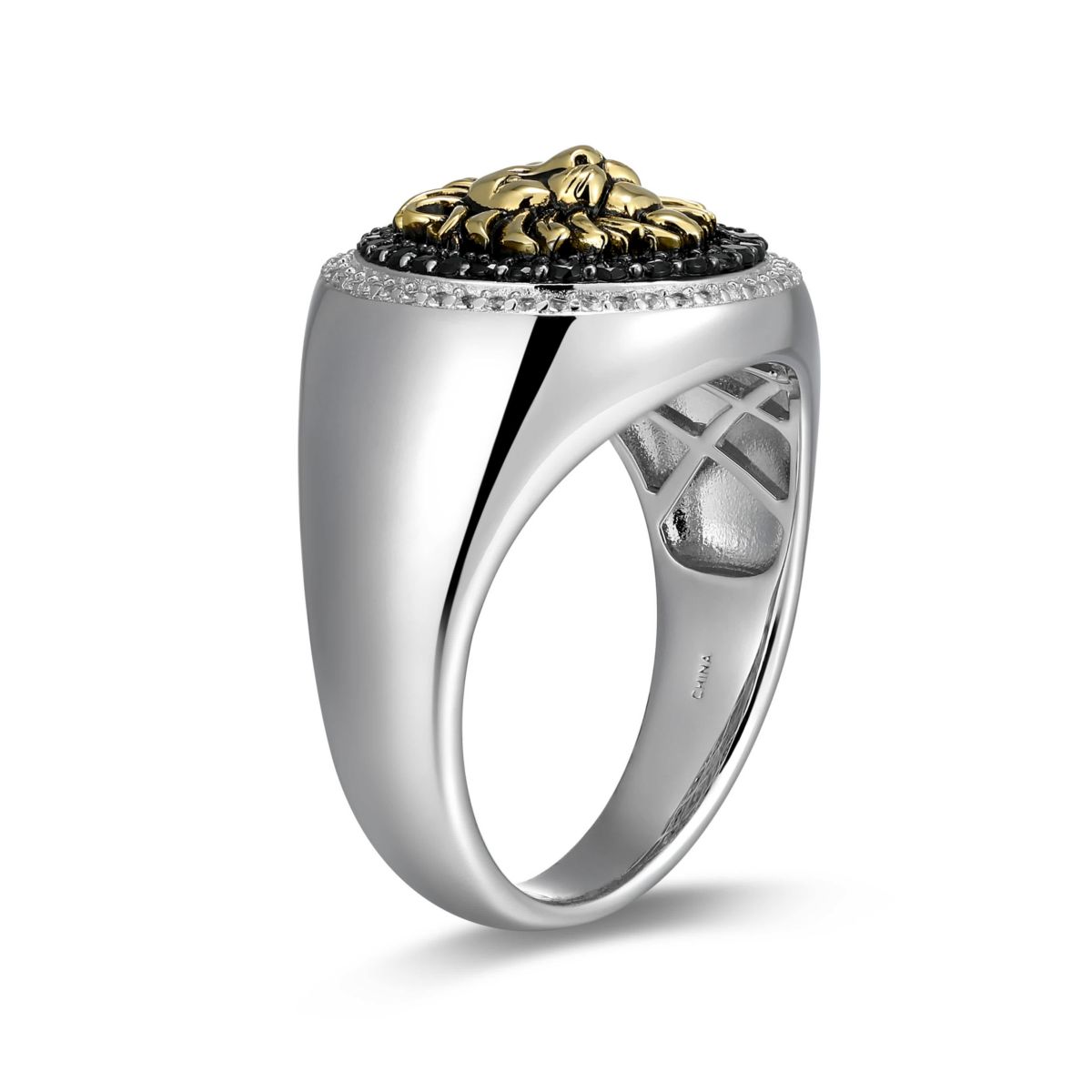 Mens Genuine Black Spinel and Created White Sapphire Lion Ring in Two-tone Sterling Silver
