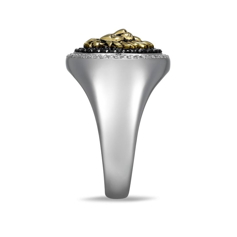 Mens Genuine Black Spinel and Created White Sapphire Lion Ring in Two-tone Sterling Silver