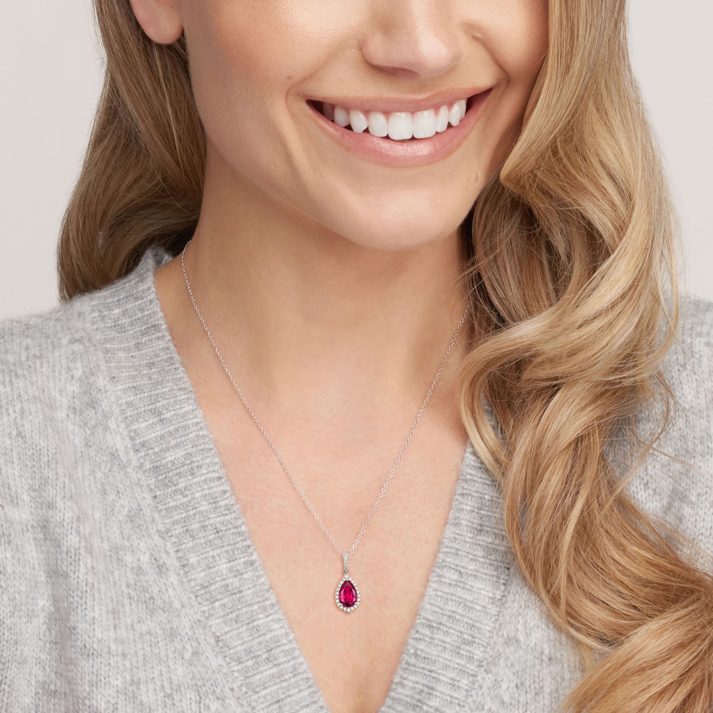 Lab Created Rhodium Plated Sterling Silver Gemstone and 1/5 CTTW Lab Grown Diamond Pendant Necklace