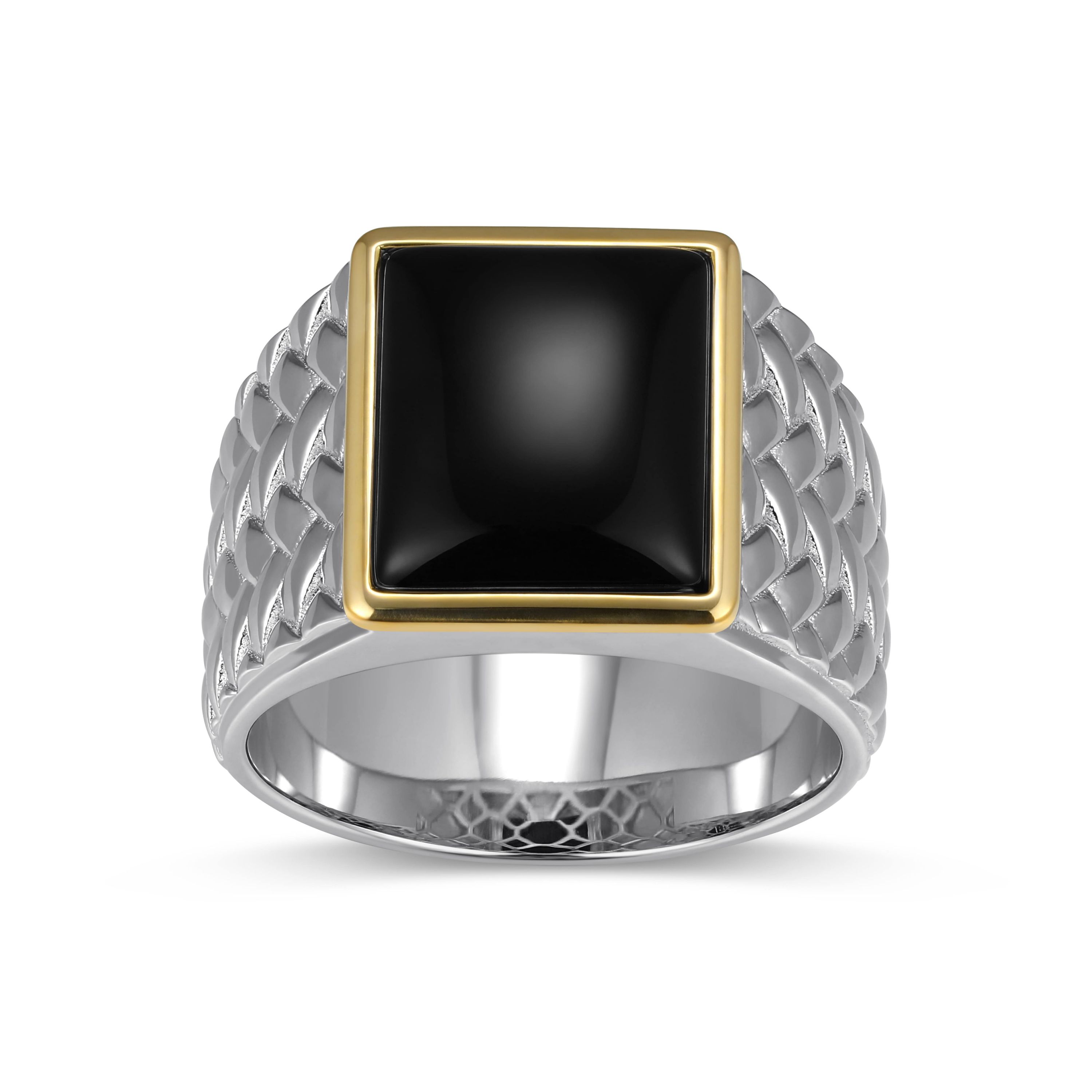 Rhodium Plated Sterling Silver & Solid 10K Yellow Gold Mens Genuine Black Onyx Ring