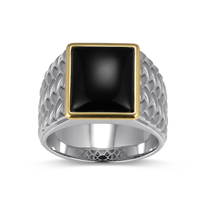 Rhodium Plated Sterling Silver & Solid 10K Yellow Gold Mens Genuine Black Onyx Ring