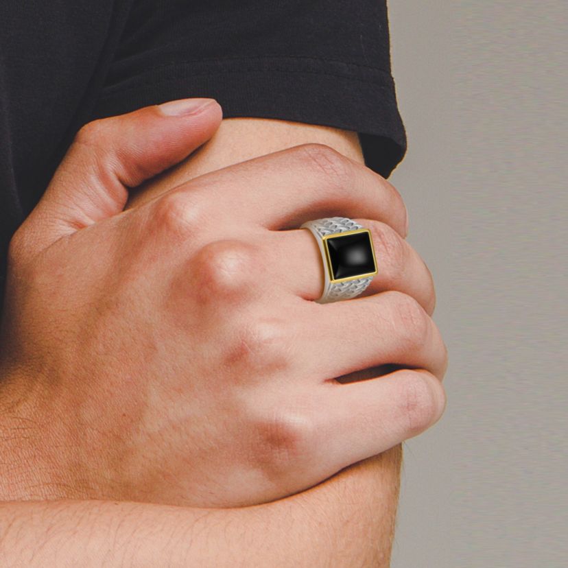 Rhodium Plated Sterling Silver & Solid 10K Yellow Gold Mens Genuine Black Onyx Ring
