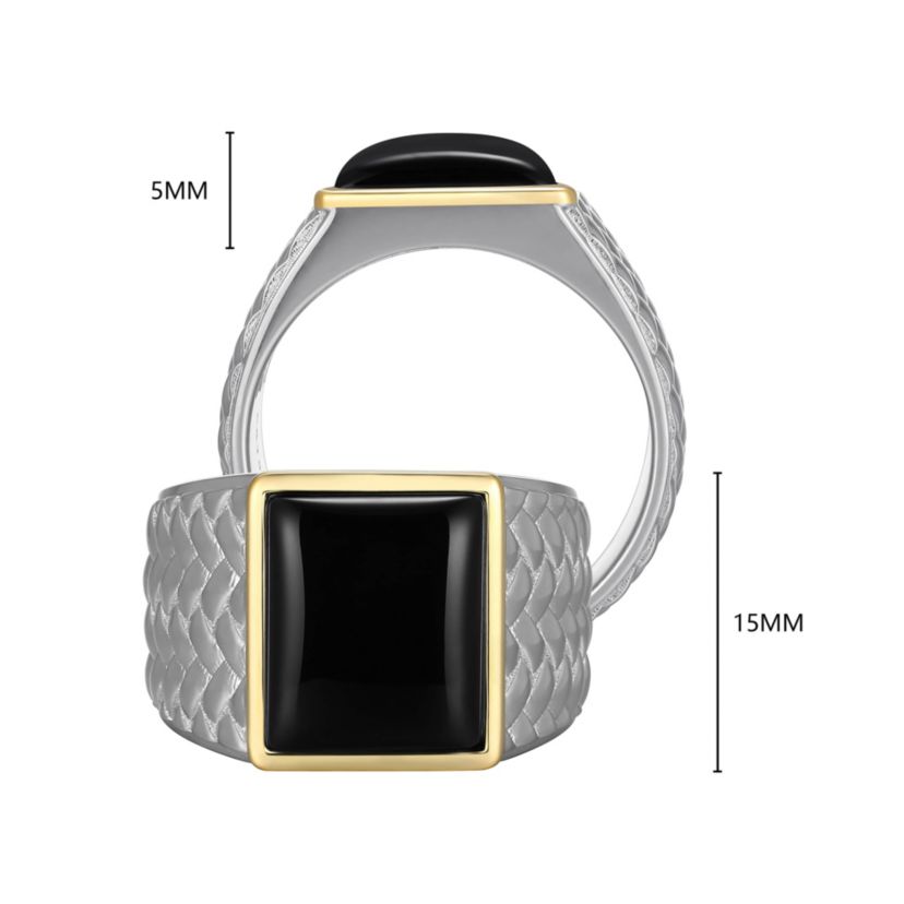 Rhodium Plated Sterling Silver & Solid 10K Yellow Gold Mens Genuine Black Onyx Ring