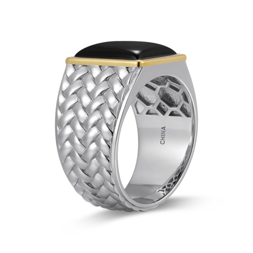Rhodium Plated Sterling Silver & Solid 10K Yellow Gold Mens Genuine Black Onyx Ring