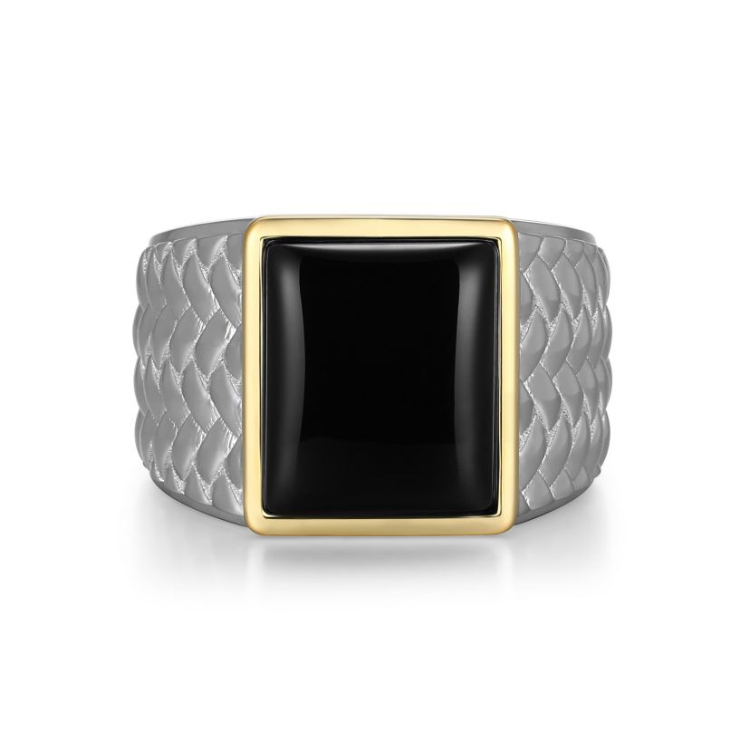 Rhodium Plated Sterling Silver & Solid 10K Yellow Gold Mens Genuine Black Onyx Ring