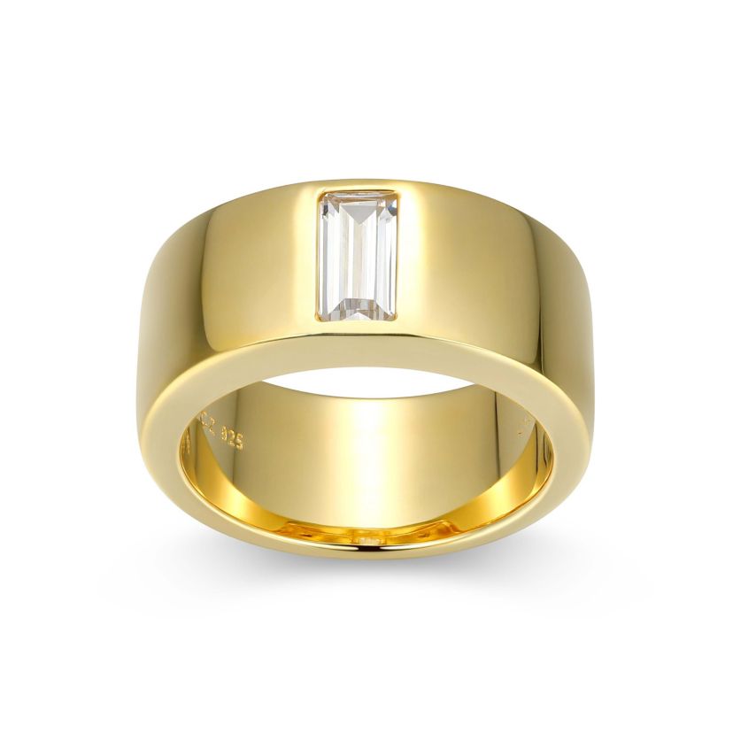 18K Yellow Gold or Rhodium Plated Sterling Silver Mens Cubic Zirconia Band Ring
