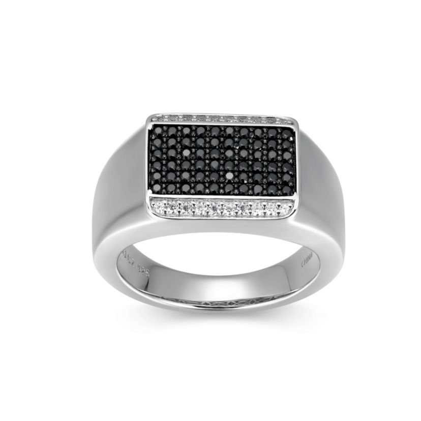 Rhodium Plated Sterling Silver Mens Black and White Cubic Zirconia Ring