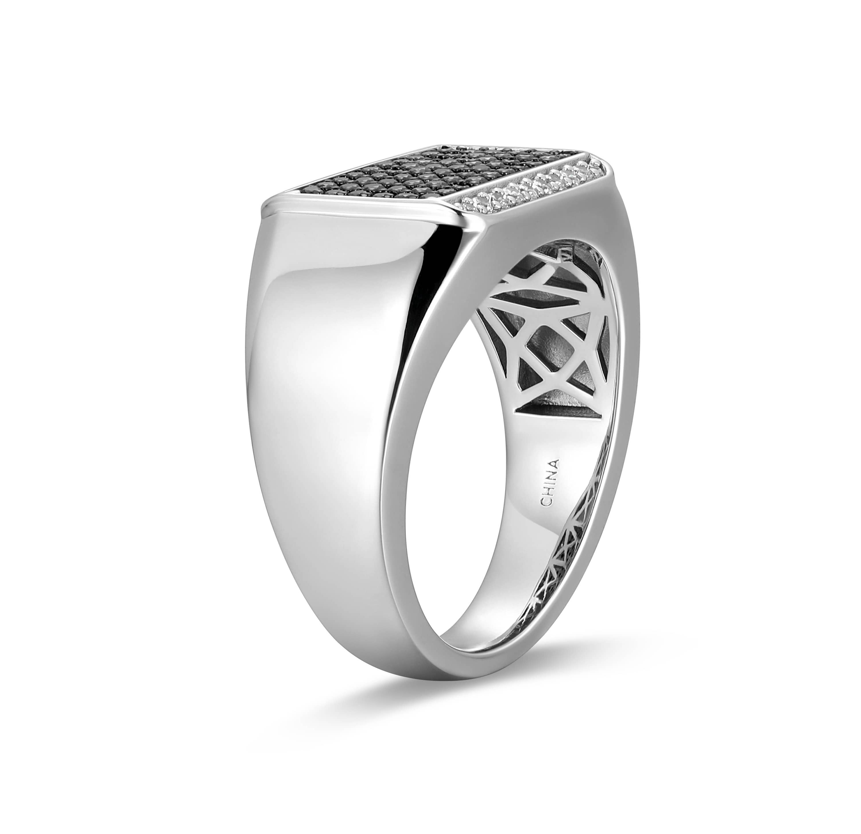 Rhodium Plated Sterling Silver Mens Black and White Cubic Zirconia Ring