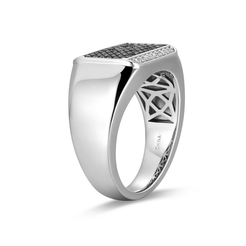 Rhodium Plated Sterling Silver Mens Black and White Cubic Zirconia Ring