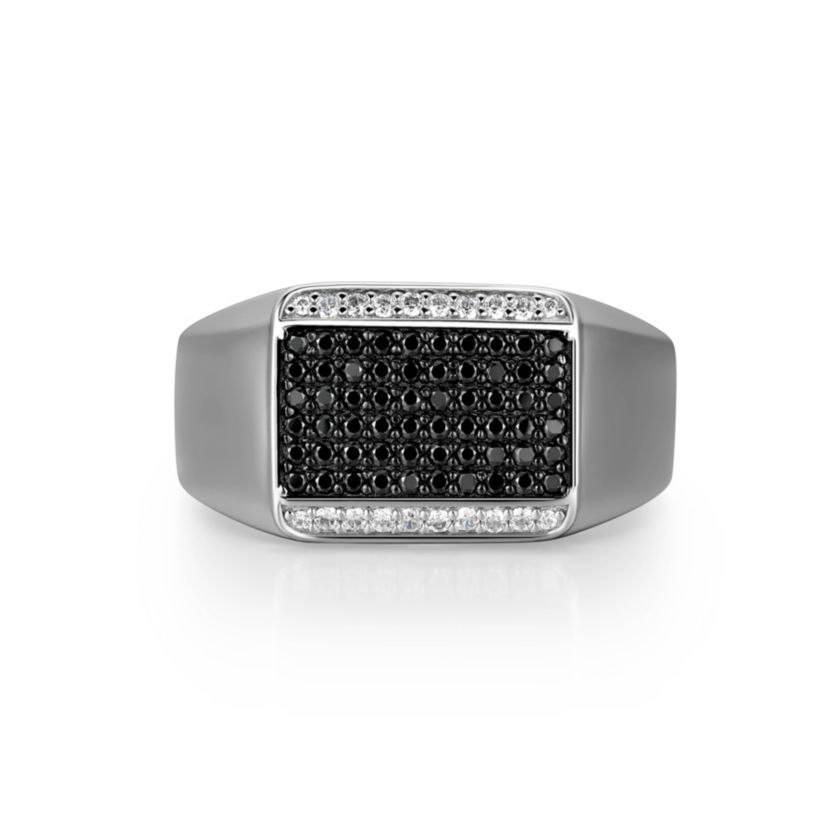Rhodium Plated Sterling Silver Mens Black and White Cubic Zirconia Ring