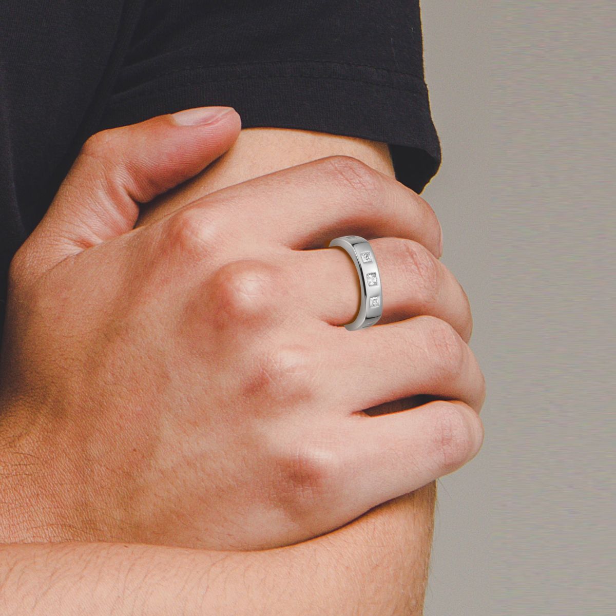 18K Yellow Gold or Rhodium Plated Sterling Silver Mens Cubic Zirconia Band Ring