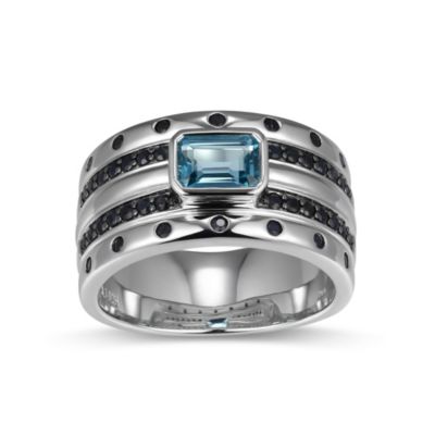 Aurealis Rhodium and Gunmetal Plated Sterling Silver Men's Genuine London Blue Topaz and Genuine Black Sapphire Ring