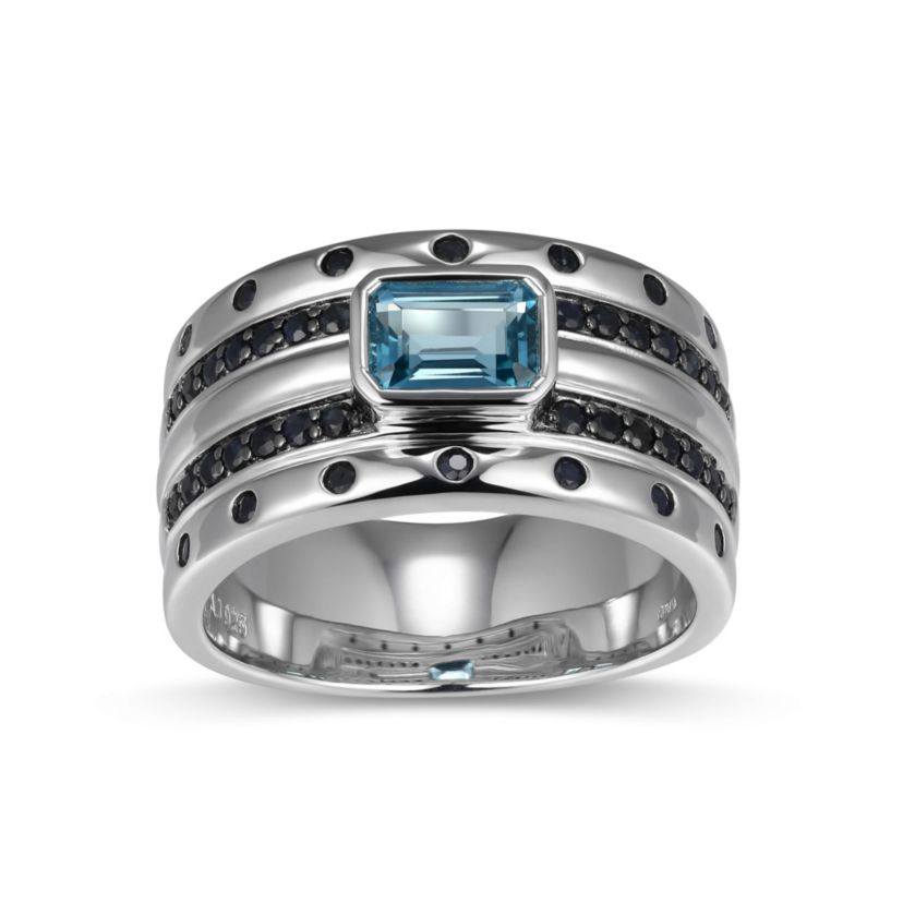 Rhodium and Gunmetal Plated Sterling Silver Mens Genuine London Blue Topaz and Genuine Black Sapphire Ring