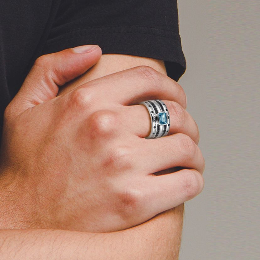 Rhodium and Gunmetal Plated Sterling Silver Mens Genuine London Blue Topaz and Genuine Black Sapphire Ring