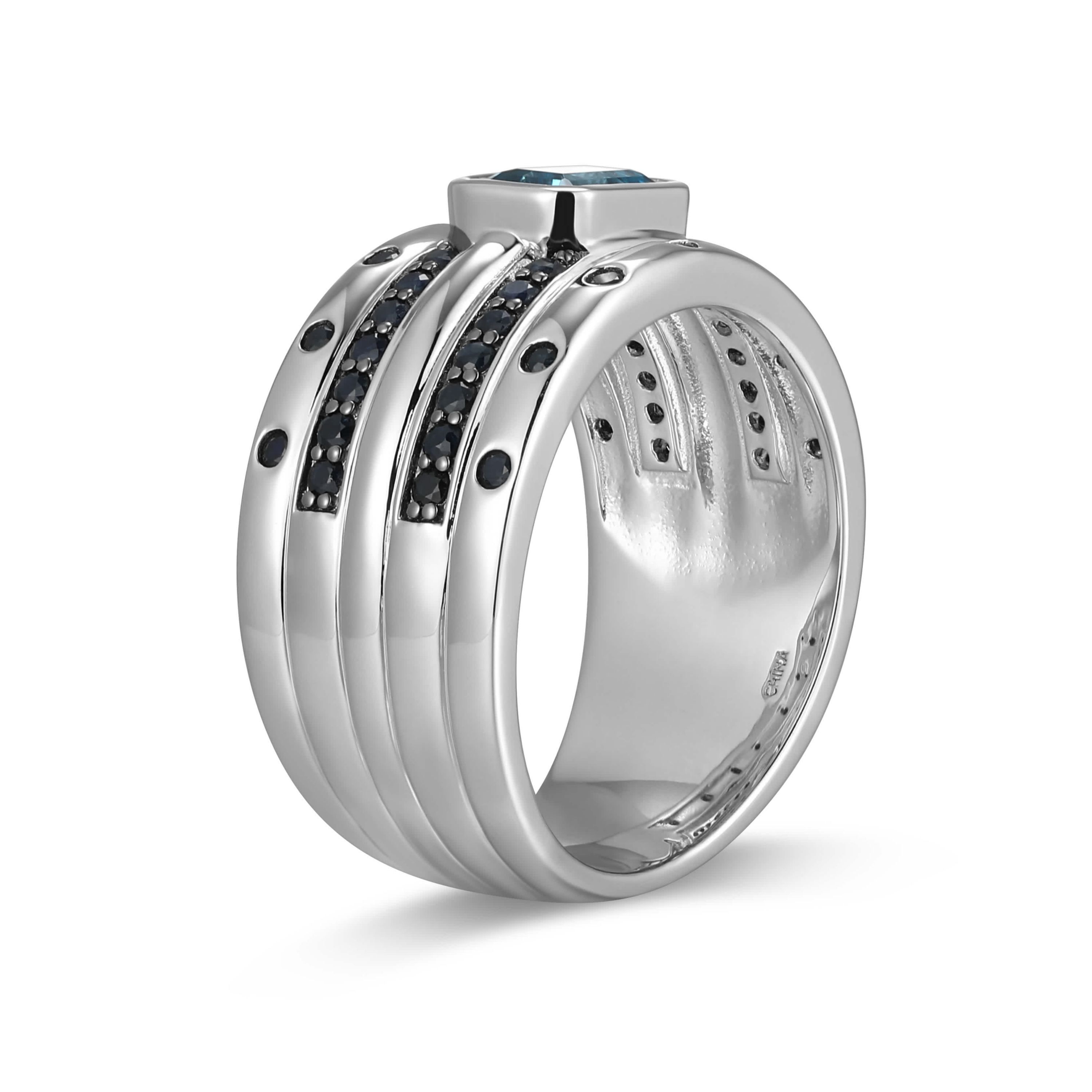 Rhodium and Gunmetal Plated Sterling Silver Mens Genuine London Blue Topaz and Genuine Black Sapphire Ring
