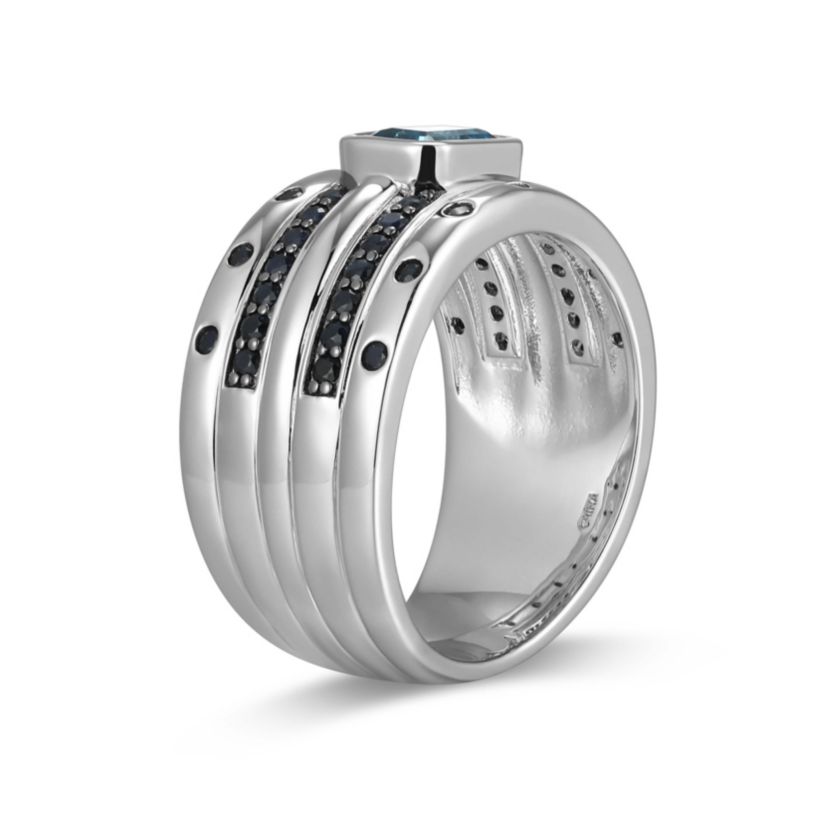 Rhodium and Gunmetal Plated Sterling Silver Mens Genuine London Blue Topaz and Genuine Black Sapphire Ring