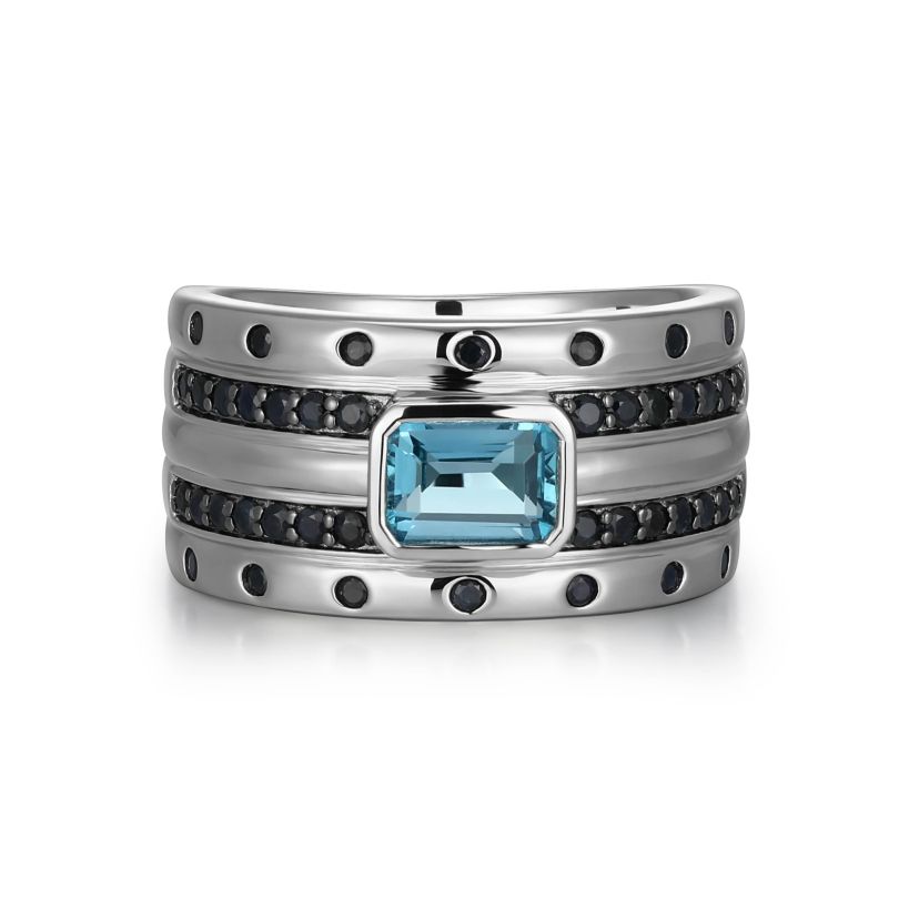 Rhodium and Gunmetal Plated Sterling Silver Mens Genuine London Blue Topaz and Genuine Black Sapphire Ring