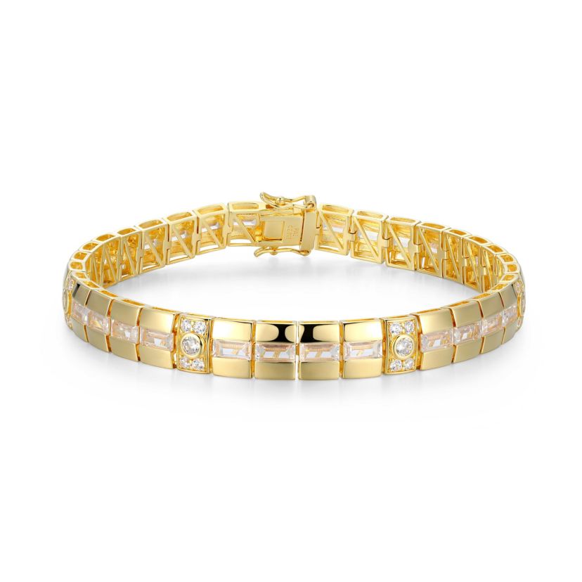 18K Yellow Gold or Rhodium Plated Sterling Silver Mens Cubic Zirconia Bracelet