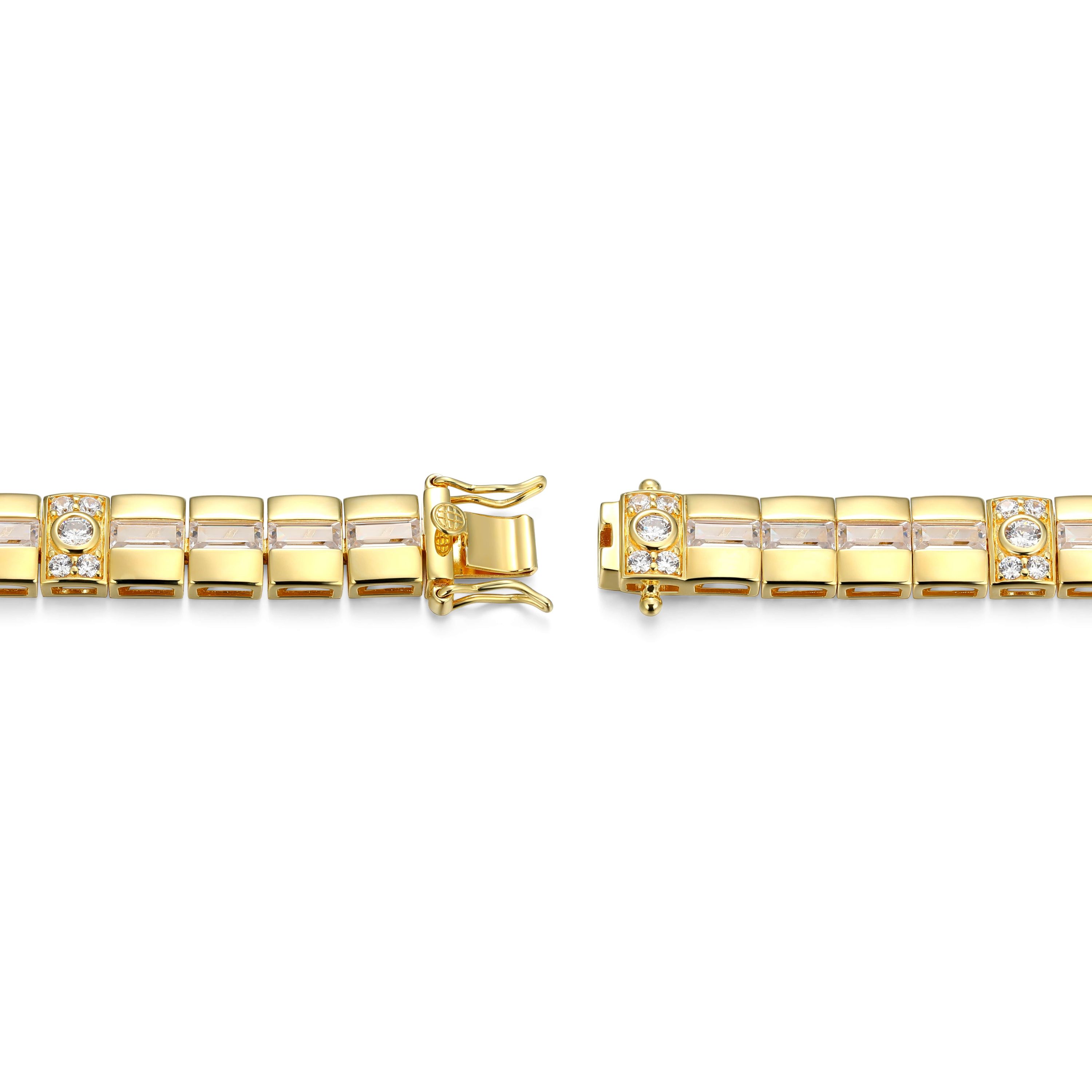 18K Yellow Gold or Rhodium Plated Sterling Silver Mens Cubic Zirconia Bracelet