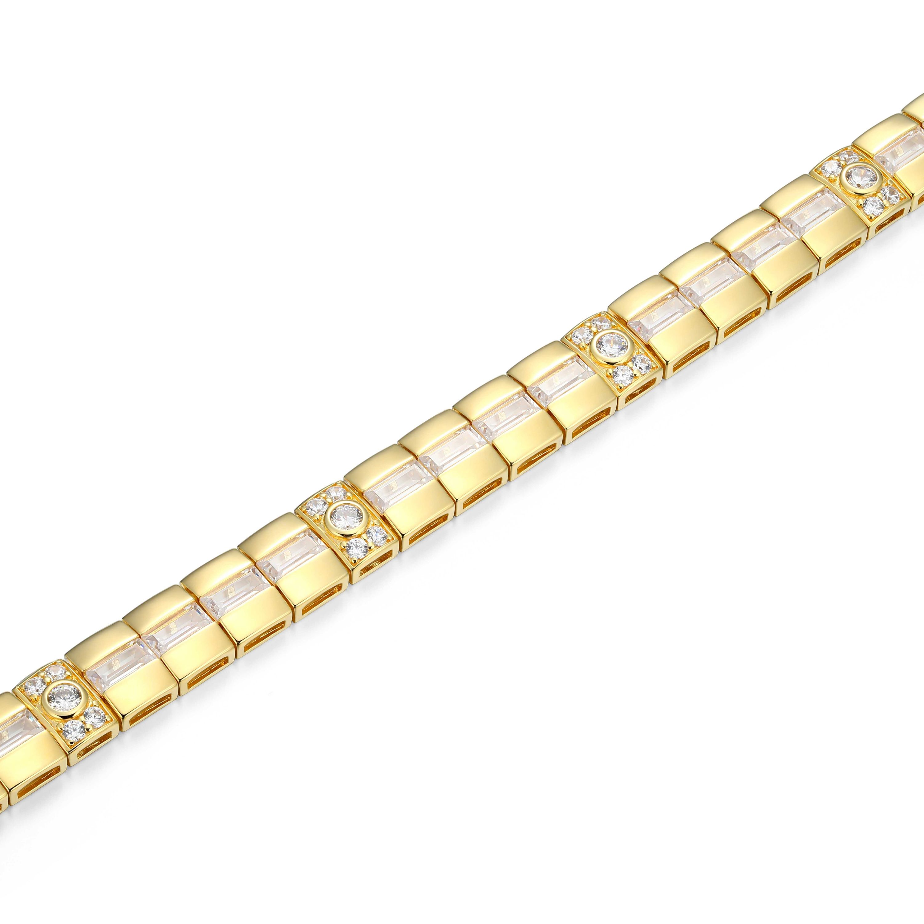 18K Yellow Gold or Rhodium Plated Sterling Silver Mens Cubic Zirconia Bracelet