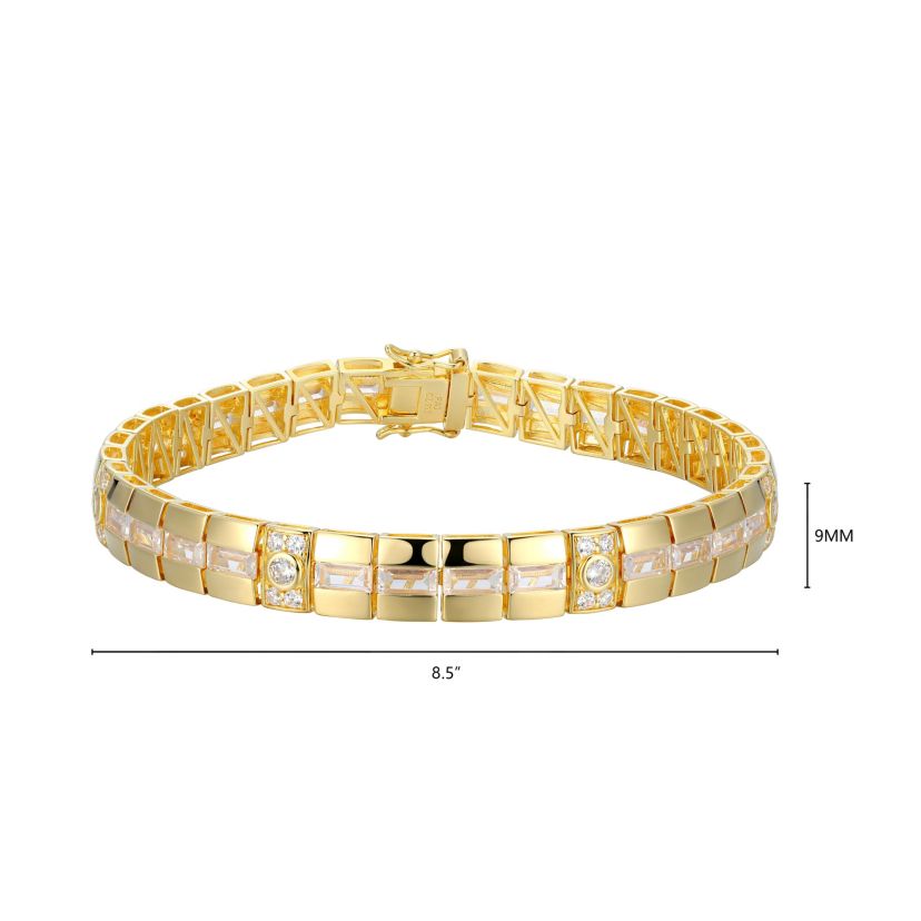 18K Yellow Gold or Rhodium Plated Sterling Silver Mens Cubic Zirconia Bracelet
