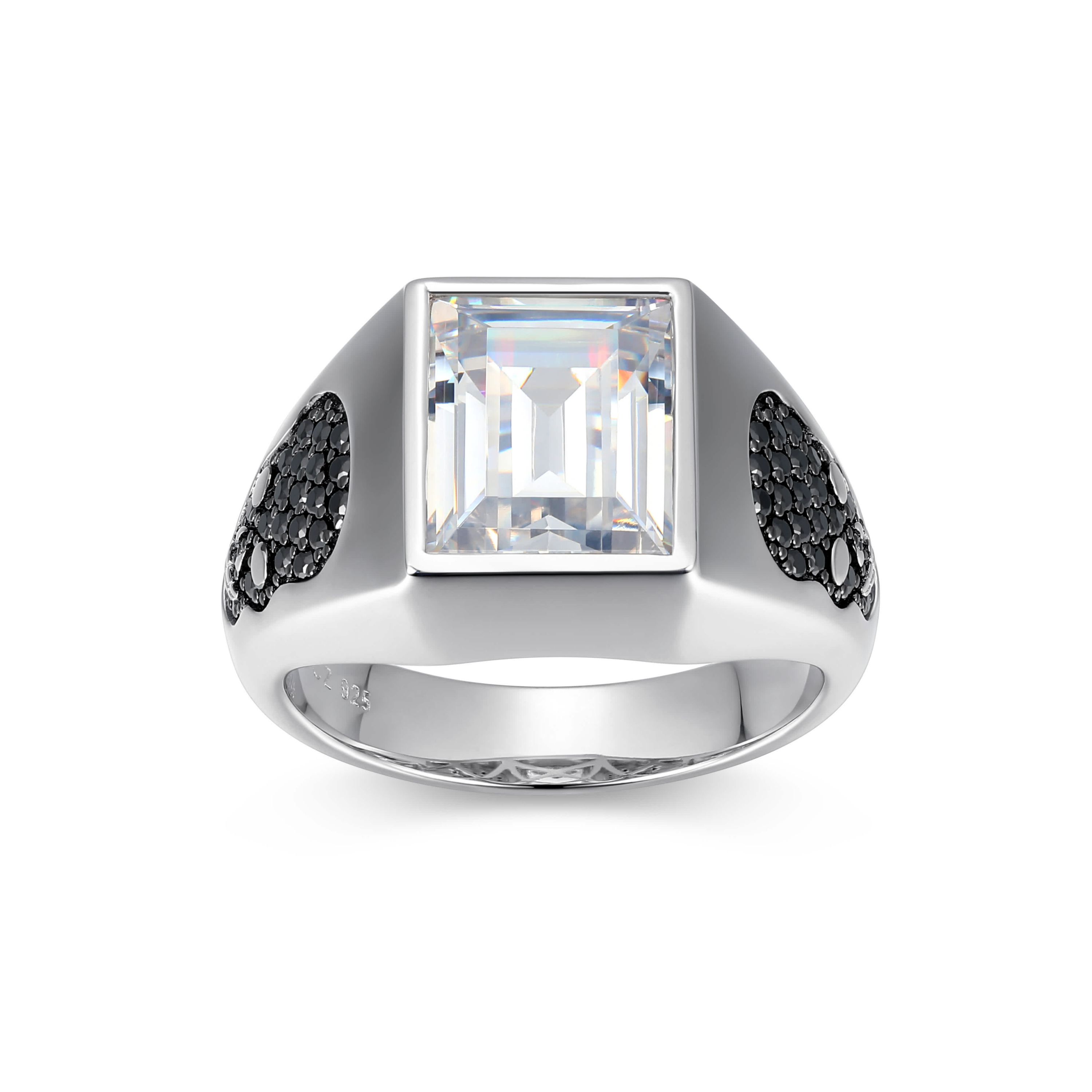 Rhodium Plated Sterling Silver Mens White and Black Cubic Zirconia Skull Ring