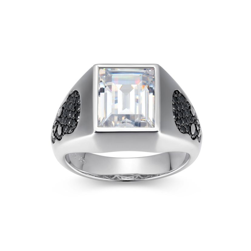 Rhodium Plated Sterling Silver Mens White and Black Cubic Zirconia Skull Ring