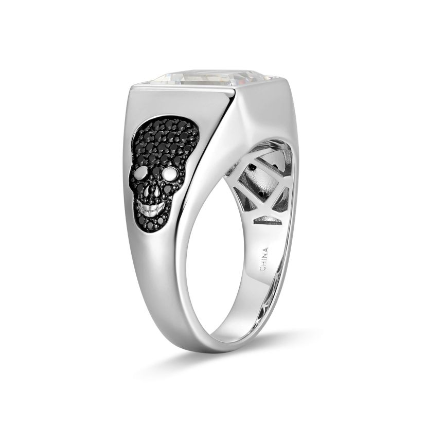 Rhodium Plated Sterling Silver Mens White and Black Cubic Zirconia Skull Ring