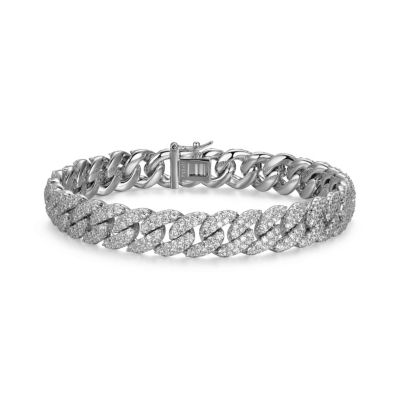 Aurealis Rhodium Plated Sterling Silver Men's Cubic Zirconia Cuban Bracelet, White, 8 in