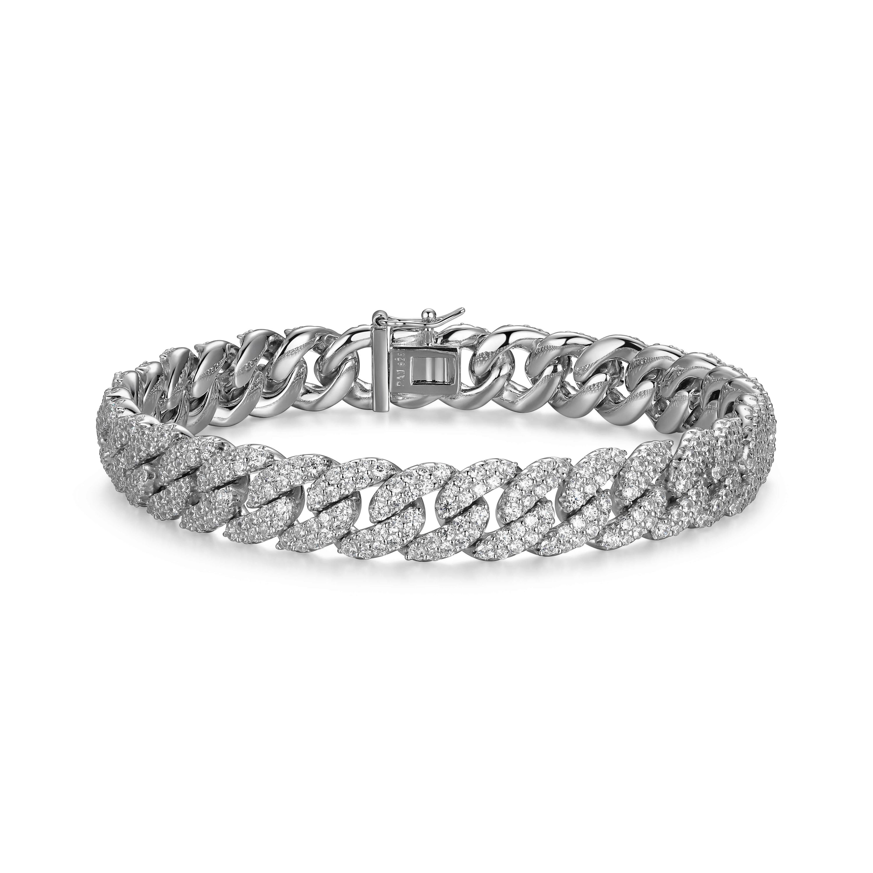 Rhodium Plated Sterling Silver Mens Cubic Zirconia Cuban Bracelet