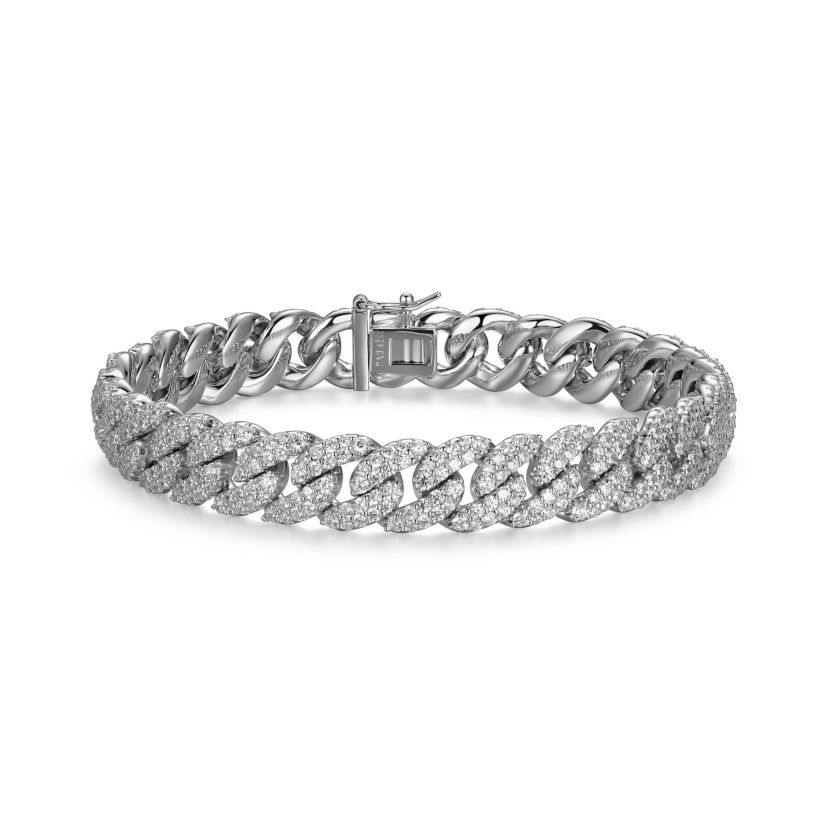 Rhodium Plated Sterling Silver Mens Cubic Zirconia Cuban Bracelet