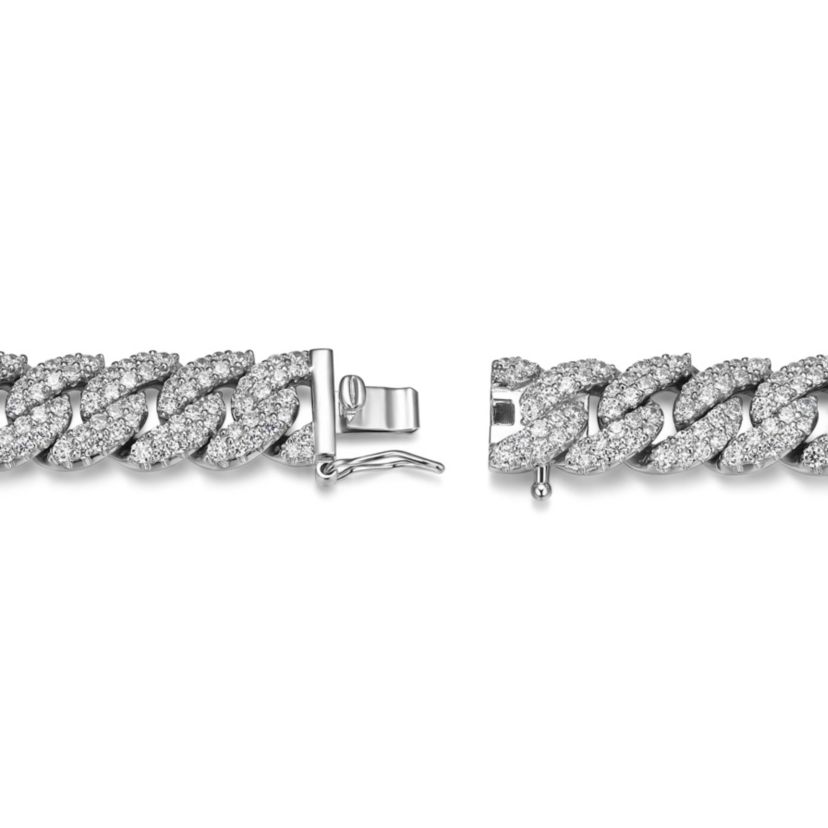 Rhodium Plated Sterling Silver Mens Cubic Zirconia Cuban Bracelet