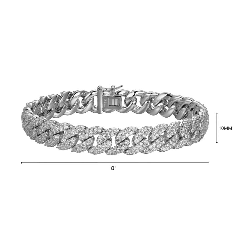 Rhodium Plated Sterling Silver Mens Cubic Zirconia Cuban Bracelet