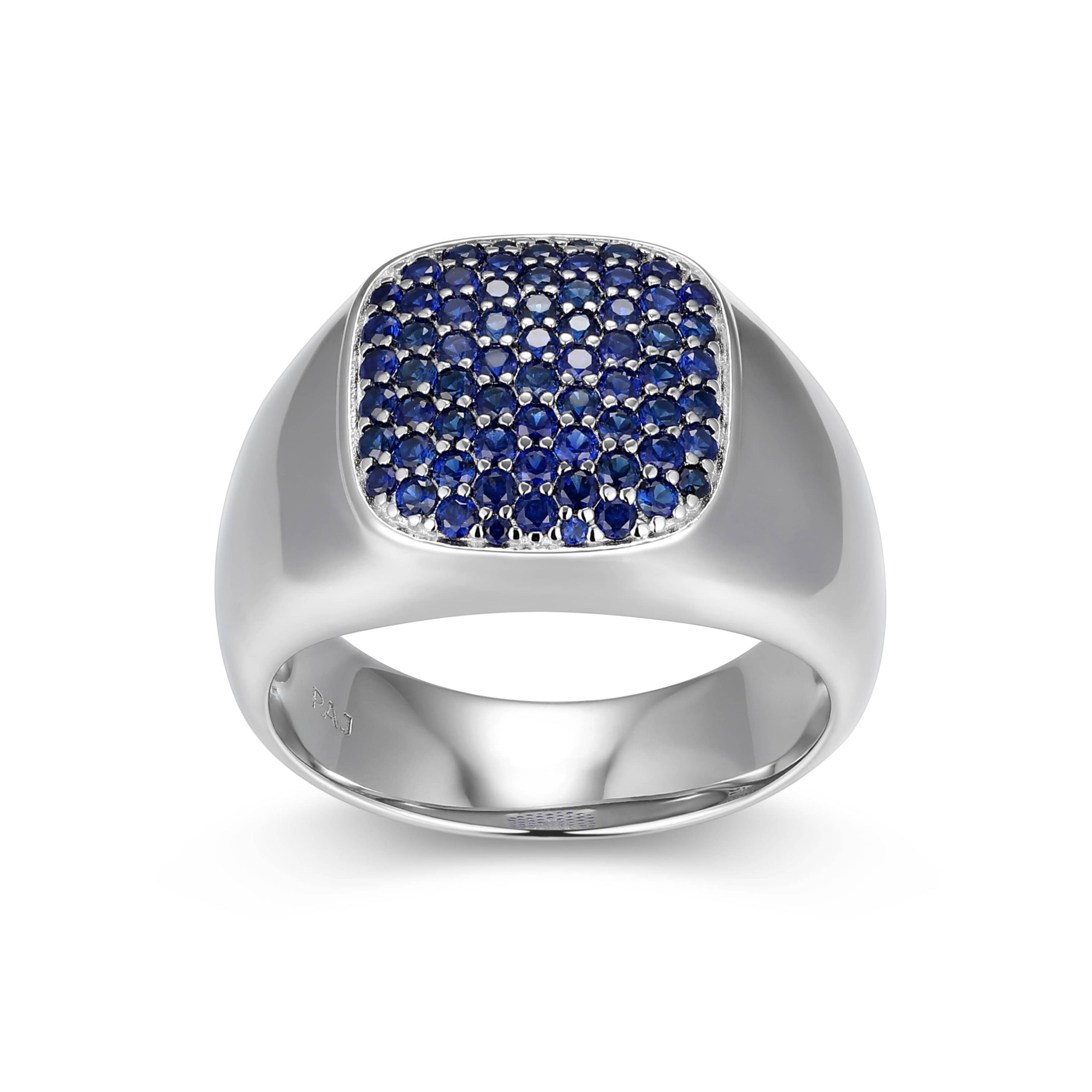 Rhodium Plated Sterling Silver Mens Created Sapphire Ring