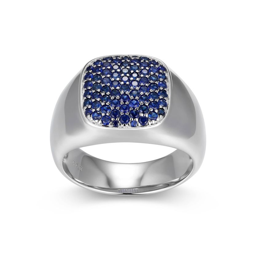 Rhodium Plated Sterling Silver Mens Created Sapphire Ring